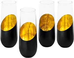 MyGift 9 oz Modern Slanted Matte Black and Gold Tone Plated Champagne Flutes, Sparkling Wine Slim Stemless Glasses, Holiday New Year Party Toasting Glass, Set of 4