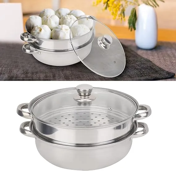 Stainless Steel & Glass 2-Layer Steamer, Round, 27 x 27 x 19.5 cm, 1160g