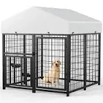 ROOMTEC Large Dog Kennel Outdoor Pet Pens Dogs Run Enclosure Animal Hutch Metal Coop Fence with Rotating Bowl (4'L x 4'W x 4.25'H)