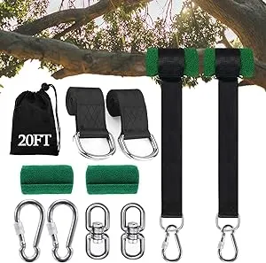 Extra Long Tree Swing Straps, 3FT/8FT/10FT/20FT/30FT Tree Swing Hanging Straps Kit Holds 5000 lbs with Tree Protector, Heavy Duty Carabiner and Swivel Perfect for Swings & Hammocks (20 FT)