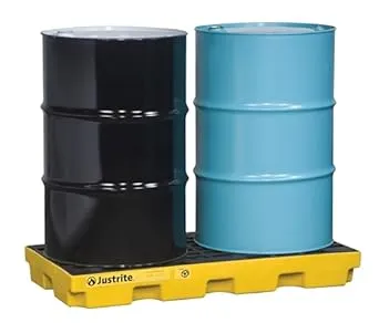 Justrite 2 Drum Low Profile Accumulation Center, 49" x 25" x 5.5", 24 Gallon Capacity Sump, Recycled Poly Spill Platform, Made in The USA, Yellow, 28654