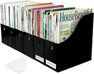 Evelots Magazine File Holder - Set of 6 Black - Office Desk Organizer - Sturdy Cardboard - New Upgraded Double Front Panel for More Stability - Full 4 Inch Wide - Easy Assemble