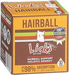 Licks Cat Hairball Support - Cat Grooming Supplies & Cat Hairball Remedy - Beeswax & Cod Liver Oil Hairball Control - Skin Supplement for Cats - Gel Packets - 30 Use