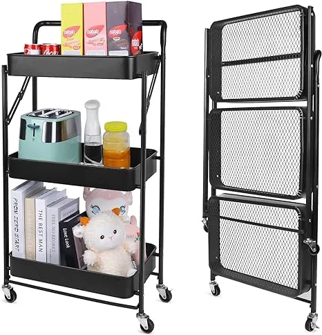 3 Tier Foldable Metal Utility Cart Organizer with Wheels, Folding Rolling Cart Collapsible Rolling Storage Cart for Laundry Room, Office, Kitchen (Black)