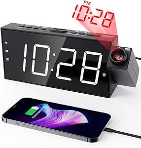 Projection Alarm Clock on Ceiling,Digital Clock for Bedroom with Battery Backup,7”Large Display,USB Charger,Dimmer,180° Rotatable Projector,12/24H,Snooze,DST,Loud Alarm Clock for Kids,Adults,Elders