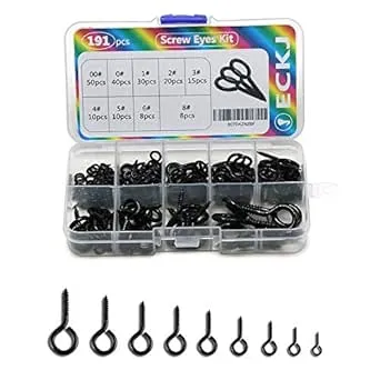 191pcs Screw Eyes Zinc Plated Metal Eye Hook Screw Self Tapping Screws Includes 9 Sizes Color Black