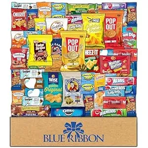 BLUE RIBBON Snack Box Care Package Variety Pack (52 Count) Cookies Chips Candy Snacks Box for Office Meetings Schools Friends Family Military College Women Men Gifts Basket for Everyone