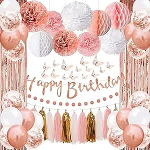 Upgraded Rose Gold Pink Birthday Party Decorations with Happy Birthday Banner,Curtains, Butterfly Wall,Circle Dots Garland,Tissue Pompoms,Paper Tassels Garland for Women Birthday Party Decorations