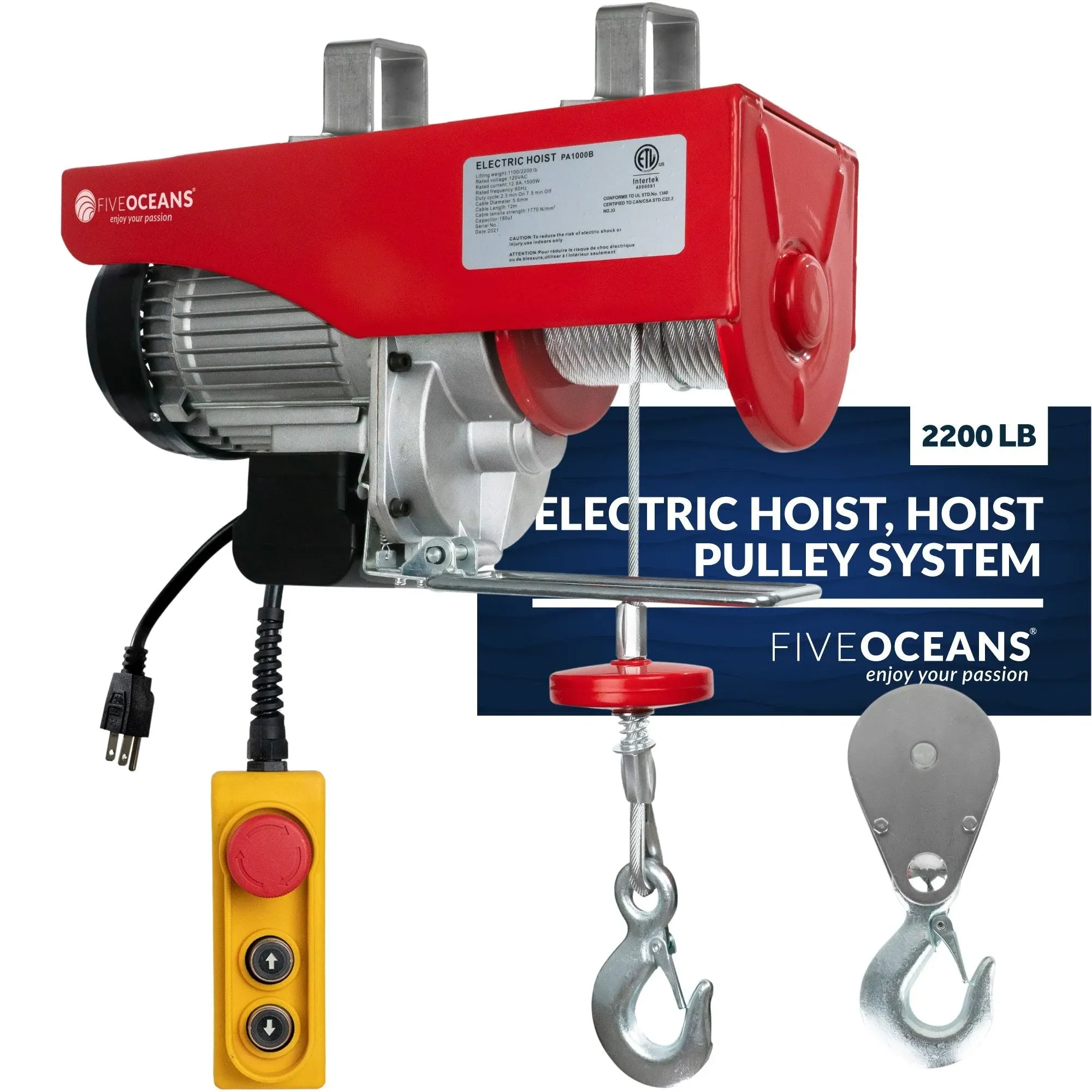 Five Oceans Electric Hoist, Hoist Pulley System, Pulley Hoist, 2200 Lb Lift Electric Winch with 6FT Remote Control 120 Volts, for Garage, Factory Lifting with Emergency Stop Button - FO3820