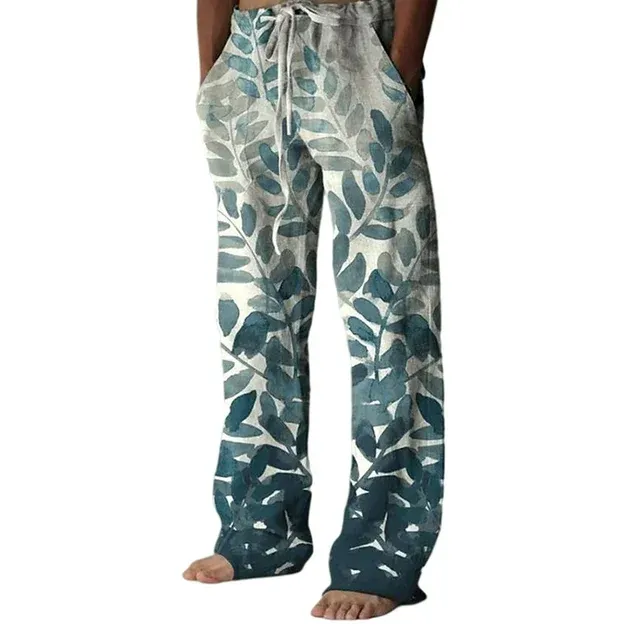 Frontwalk Mens Floral Print Casual Pants Bottoms Summer Loose Beach Holiday Long Pant Cotton Linen Elastic Waist Yoga Palazzo Pant