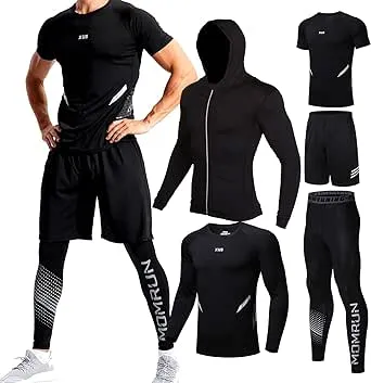 5PCS Workout Sets incluir Compression Shirt Pants Hoodie Jacket for Men Outdoor Sports Running Indoor Fitness