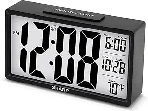 Sharp Alarm Clock with Easy to Read 2.8 Jumbo Screen with Indoor Temperature, Nightlight, Calendar, Battery Operated Digital Clock for Bedrooms or