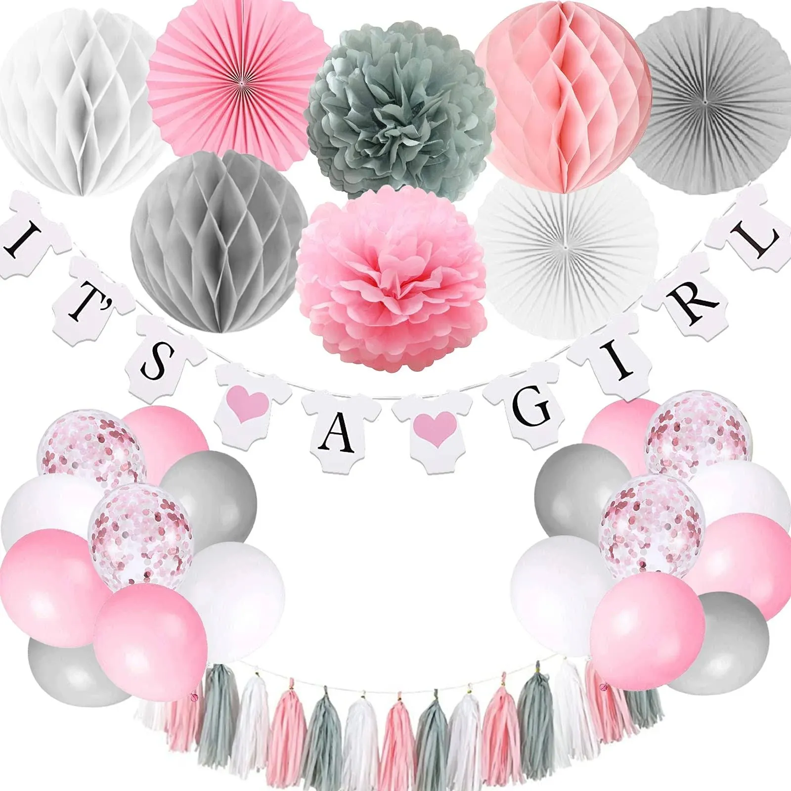 Baby Shower Decorations for Girl, It’s A Girl Banner with Paper Fan Tissue Pompoms Honeycomb Ball Party Balloons Foil Tassel, Pink and Grey It’s A