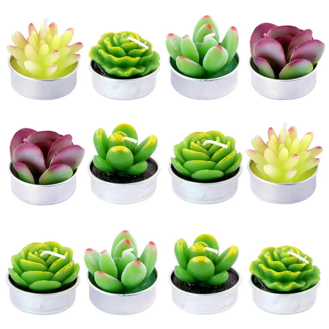 Swpeet 12Pcs Decorative Succulent Cactus Tealight Candles Kit, Cute Smokeless Succulent Plants Perfect for Candles Festival Wedding Props and House-Warming Party (N0.5-Candle)