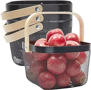 4 Pack Square Metal Mesh Fruit Basket with Wooden Handle for Kitchen, Pantry, Storage, Organization (9.5 x 7 In, Black)