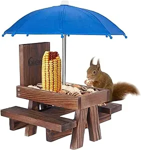 Squirrel Feeder Picnic Table with Umbrella, Lalafancy Carbonized Wood Squirrel Feeder for Outside Funny Chipmunk Feeder with Corn Cob Holder Structure Solid for Squirrel Gift