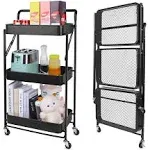 SAglorb 3 Tier Foldable Metal Utility Cart Organizer with Wheels, Folding Rolling ...