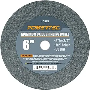 POWERTEC Bench Grinder Wheel 6 Inch 60 Grit, Aluminum Oxide Grinding Wheel for Bench Pedestal Grinder, 3/4" Thick 1/2" Arbor, Sharpening & Shaping Drill Bits, Blade, and Chisel 1PK (15515)