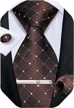 DiBanGu Plaid Tie Men&#039;s Silk Tie and Pocket Square Cufflinks Tie Clip Set Weddin