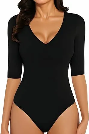 MANGOPOP Half Sleeve Bodysuit V Neck Bodysuit Shirts for Women