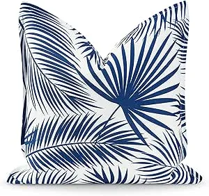 Hofdeco Premium Coastal Hampton Style Patio Indoor Outdoor Pillow Cover Only, 20"x20" Water Resistant for Backyard, Couch, Navy Blue Palm Leaf