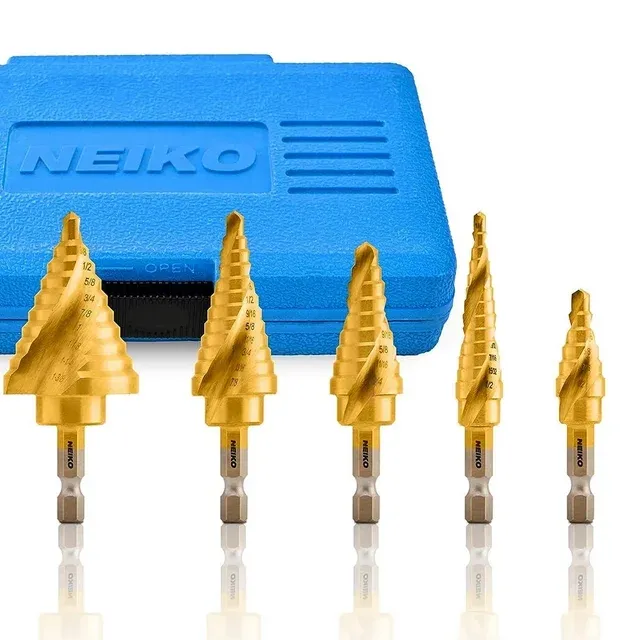 Neiko 10173A Step Drill Bit Set for Metal and Wood, 5 Piece SAE, Spiral Grooved for Faster Drilling, Step Bits with 50 Total Step Sizes, Titanium