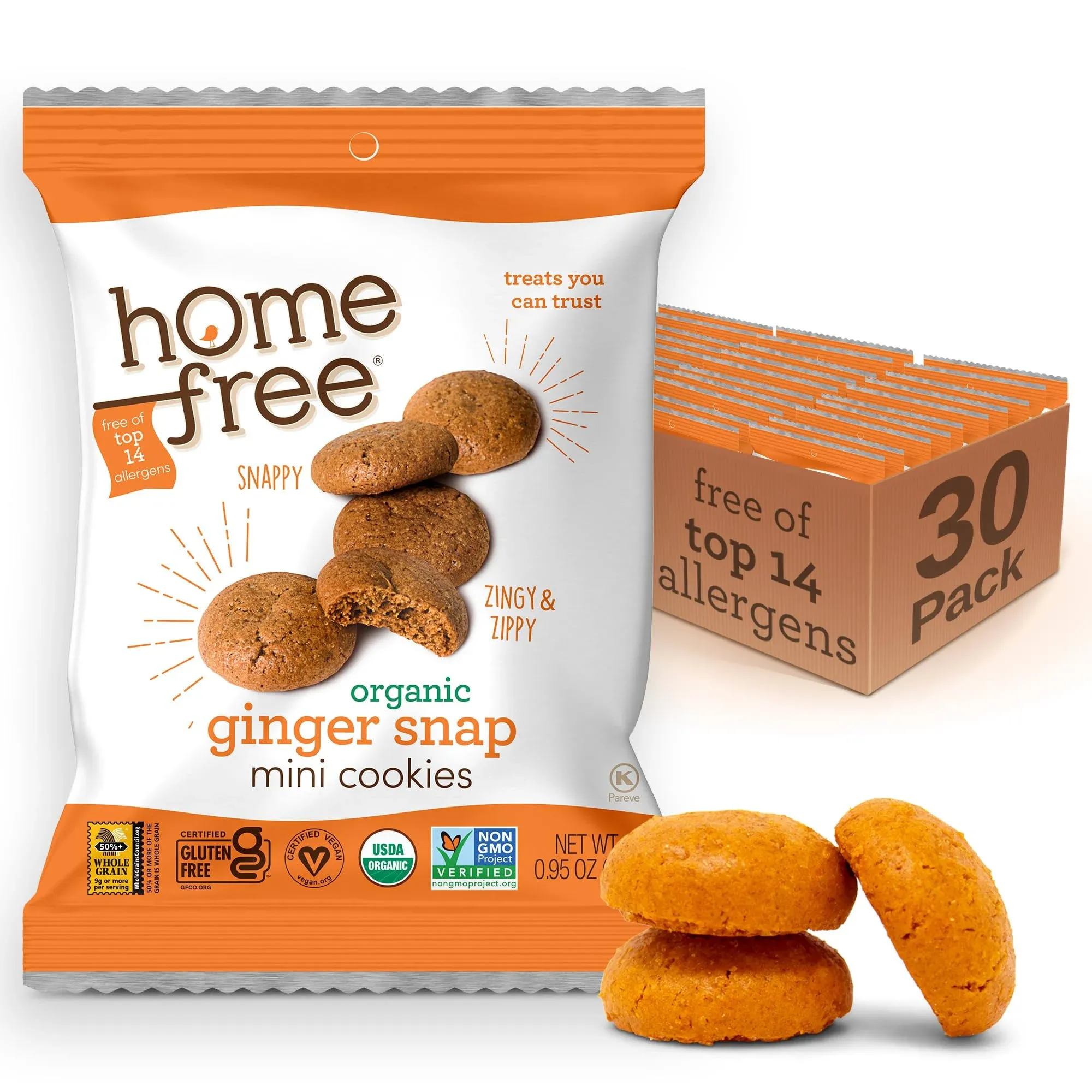 Homefree Gluten-Free Organic Mini Ginger Snap Cookies 0.95 oz. - 30/Case