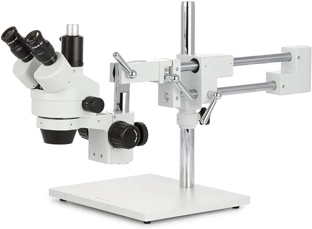 AmScope SM-4TP Professional Trinocular Stereo Zoom Microscope with Simultaneous Focus Control, WH10x Eyepieces, 7X-45X Magnification, 0.7X-4.5X Zoom Objective, Ambient Lighting, Double-Arm Boom Stand