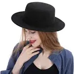 Fashion Classic Black Fedora Flat Hat, Wide Brim Jazz Hats Church Derby Cap for Women and Men