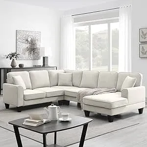 Modern U Shape Sectional Sofa, 7 Seat Fabric Sectional Sofa Set