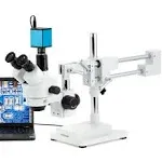 AmScope SM-4 Series Simul-Focal Zoom Trinocular Stereo Microscope with Auto Focus Camera on Double Arm Boom Stand