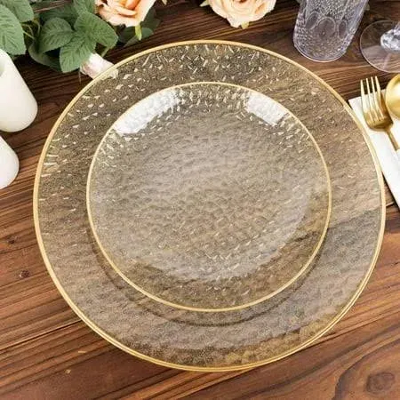 Efavormart 10 Pack Gold Glitter Clear Hammered Plastic Dessert Plates, Round Disposable Appetizer Salad Plates with Gold Rim - 7"