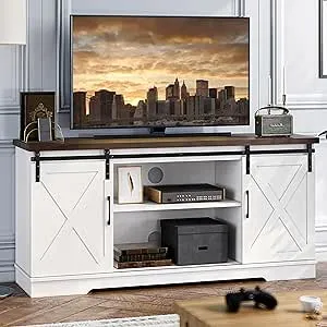 IDEALHOUSE Farmhouse TV Stand, Entertainment Center for 65 inch TV Media Console Table, White Barn Door TV Stand with Storage and Shelves, Modern TV