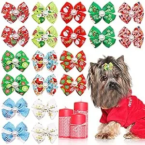 PET SHOW 20pcs Christmas Dog Hair Bows with Alligator Clips for Small Medium Dogs Bowknot Hair Clips Cat Puppy Yorkshire Grooming Hair Accessories for XMAS Party Costumes Assorted Randomly