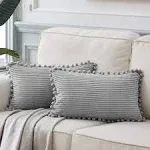 Fancy Homi Pack of 2 Boho Grey Lumbar Decorative Throw Pillow Covers with Pom-poms, Soft Corduroy Solid Rectangle Cushion Cases