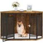 YITAHOME Corner Dog Crate Furniture, 43.7 inch Wooden Dog Crate End Table with Metal Mesh, Dog Kennel Furniture for Small Medium Dogs, Brown