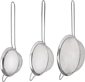 BergHOFF 3Pc Essentials 18/8 Stainless Steel Fine Mesh Strainers, Long, Ergonomically Designed Handle, Dishwasher Safe