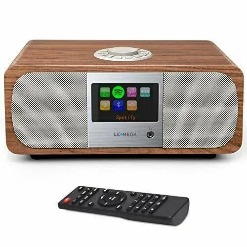 LEMEGA M3P WiFi Internet Radio,FM Digital Radio,Spotify Connect,Bluetooth Speaker,Stereo Music System,Wooden Box,Headphones-Out,AUX-in,40 Presets,Dual Alarms Clock,Remote and App Control – Walnut