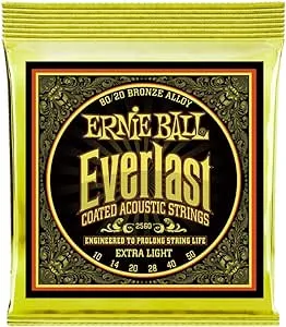 Ernie Ball Everlast Extra Light 80/20 Bronze Acoustic Guitar Strings, 10-50 Gauge (P02560)