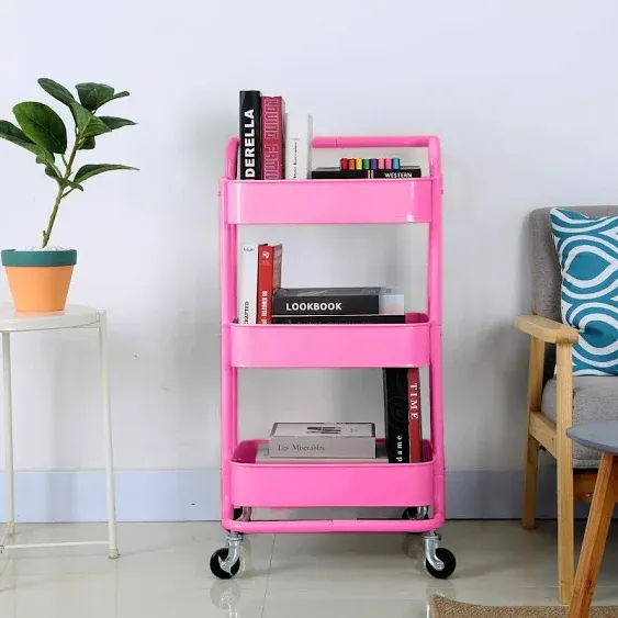 3-Tier Metal Mesh Rolling Cart Storage Organizer with Utility Handle and Wheels, Pink