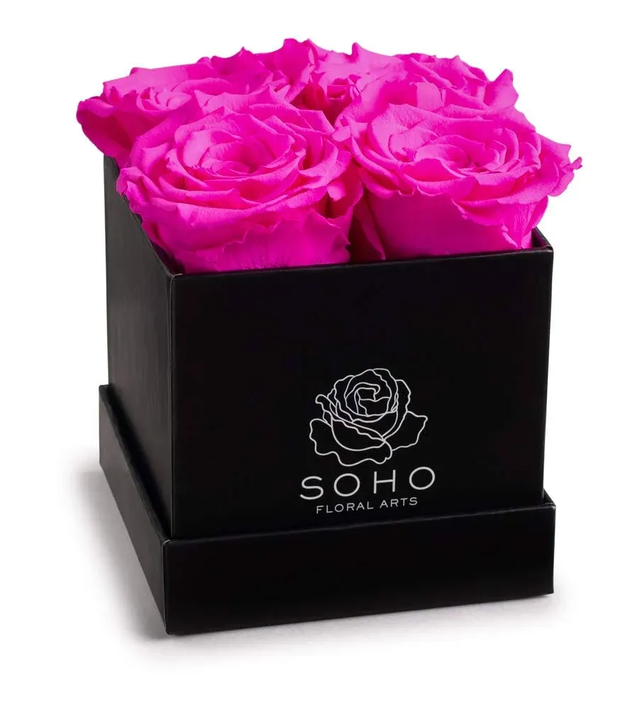 Soho Floral Arts | Roses In A Box | Genuine Roses that Last for Years (Black Square 4ct, Pink) | Mothers Day Gifts