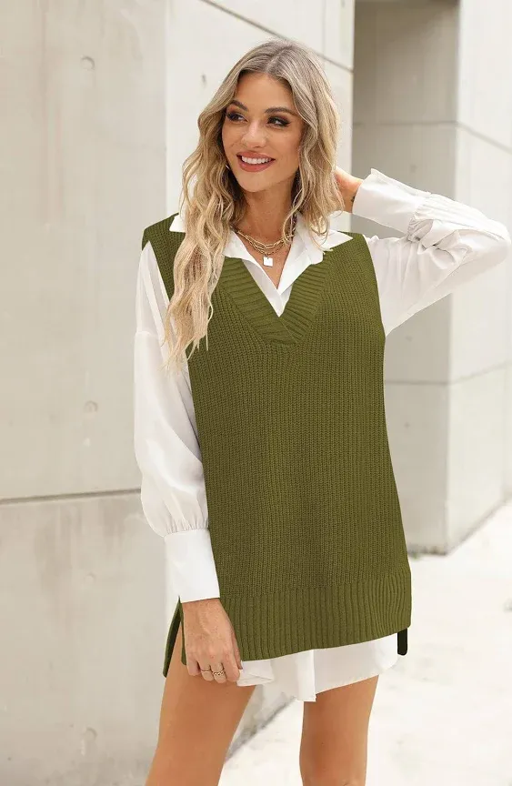 Viottiset Women's Oversized V Neck Knit Sweater Vest Tunic Sleeveless Pullover Top