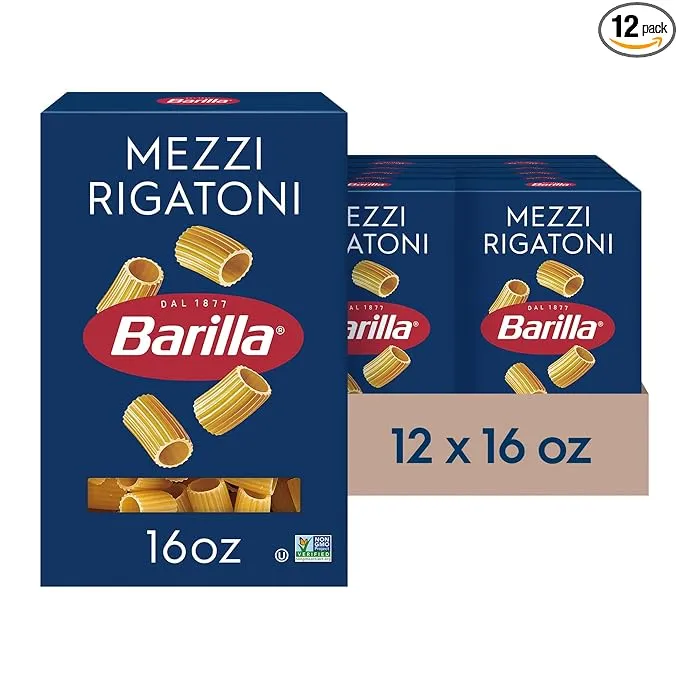 Barilla Mezzi Rigatoni Pasta, 16 oz. Box (Pack of 12) - Non-GMO Pasta Made with Durum Wheat Semolina - Kosher Certified Pasta