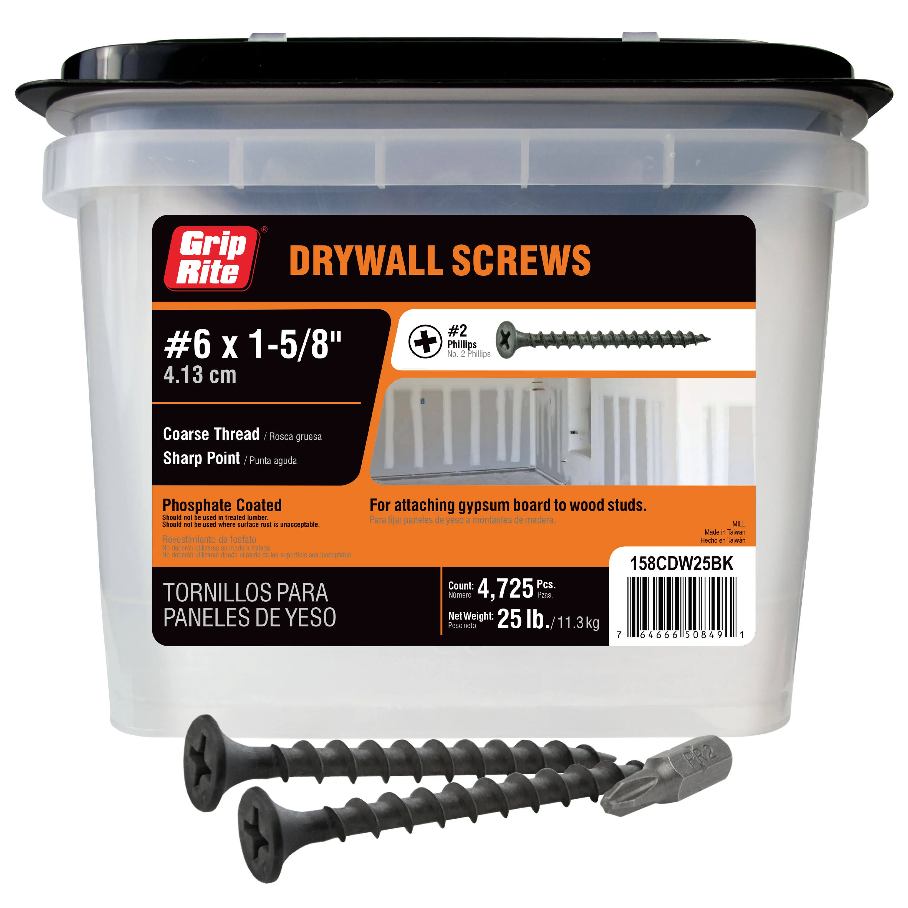 Grip-Rite Screw, #6 Thread, 1-1/4in L, Coarse Thread, Bugle Head, Phillips Drive, Steel, Phosphate, 25 lb