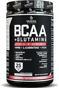 SASCHA FITNESS BCAA 4:1:1 + Glutamine,HMB,L-Carnitine,HICA | Powerful and Instant Powder Blend with Branched Chain Amino Acids (BCAAs) for Pre,Intra and Post-Workout |Natural Watermelon Flavor,362.5g