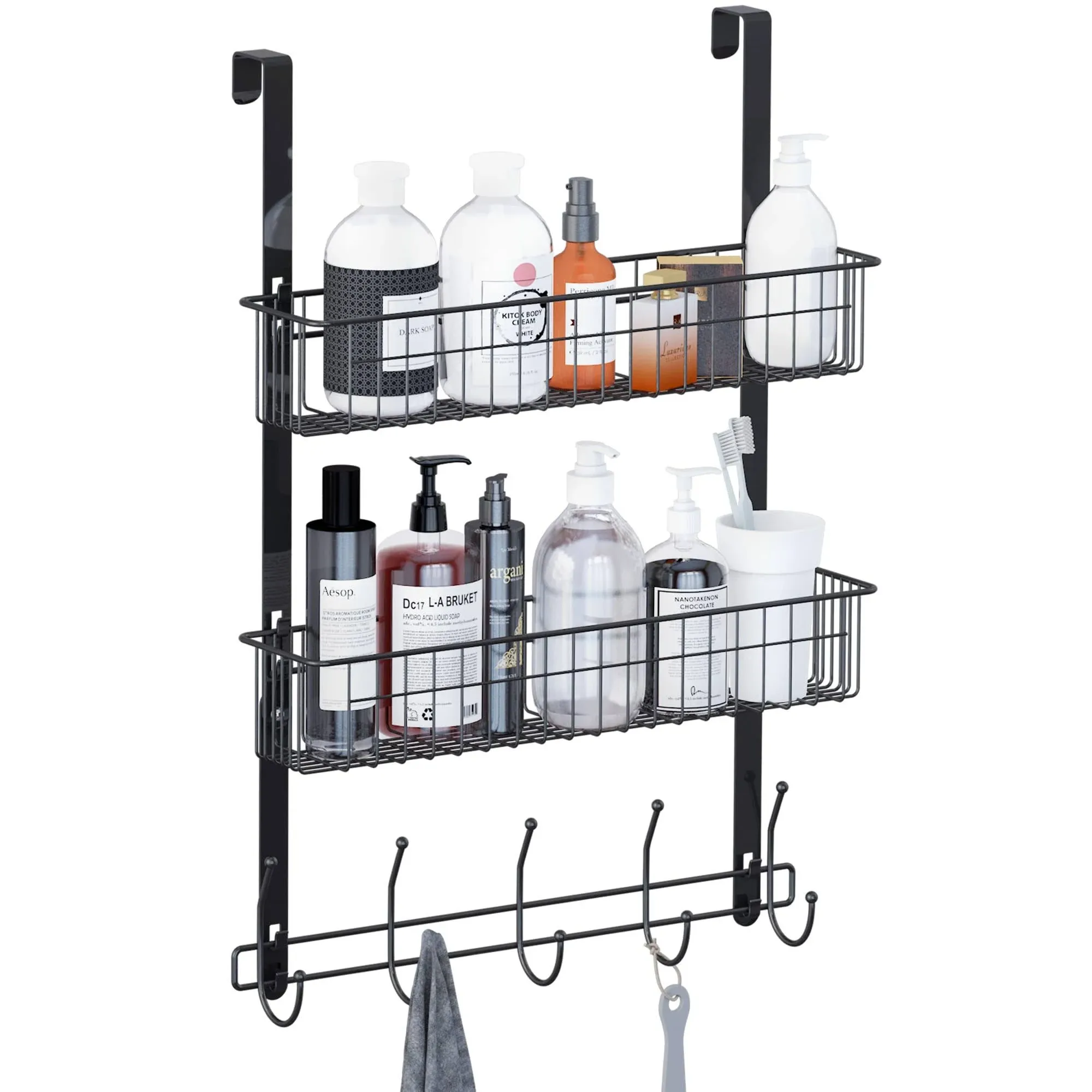 LUCYCAZ Over The Door Hooks Organizer, Door Hanger Towel Rack with 10 Coat Hooks & 2 Mesh Basket Over The Door Shelf, Back of Door Storage Organizer for Barthroom Kitchen Hanging Towel Clothes (Black)