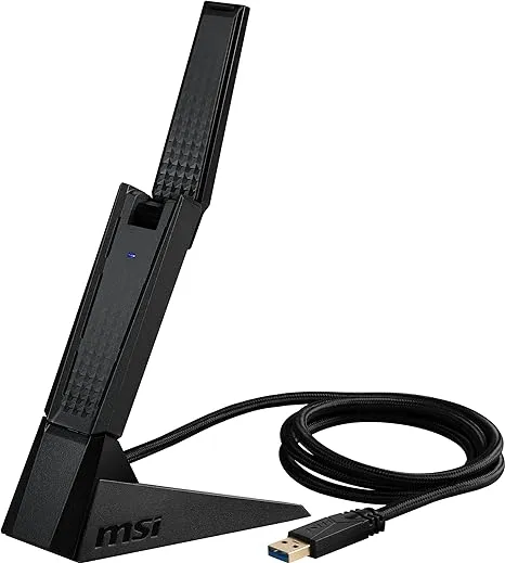 MSI AXE5400 WiFi 6E USB Adapter - WLAN up to 5400 Mbps (6GHz, 5GHz, 2.4GHz Wireless), USB 3.2 Gen 1, MU-MIMO, 2X High-Gain Tri-Band Antennas, Beamforming, WPA3 - Cradle Included