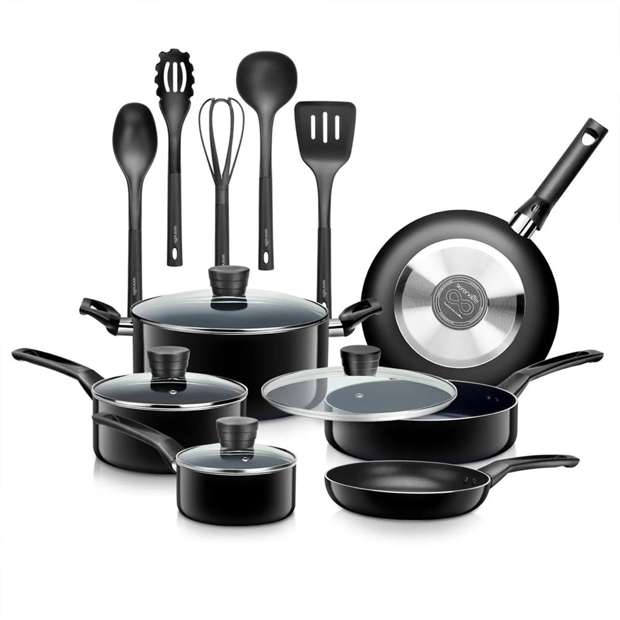 SereneLife 15 Piece Pots and Pans Non Stick Chef Kitchenware Cookware Set, Black