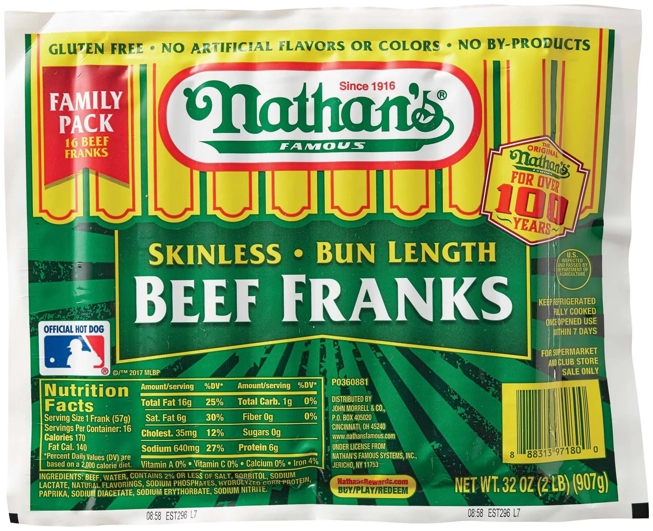 Nathans Famous Franks, Beef, Skinless, Bun Length, Family Pack - 16 franks, 32 oz