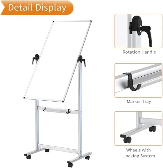 VIZ-PRO Double-sided Magnetic Mobile Whiteboard,48 x 24 Inches, Portrait Orientation,Aluminium Frame and Stand